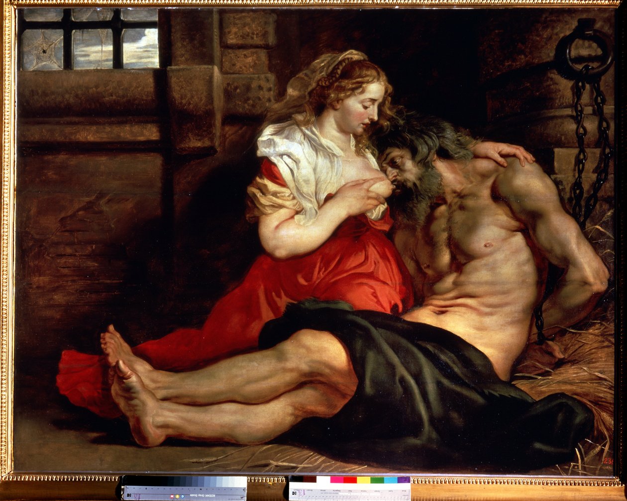 caridad romana. Una mujer amamanta a un hombre en prisión y continúa. Cimon condenado a morir de hambre en prisión se alimenta del pecho de su hija Pero. Pintura de Peter Paul (Pierre-Paul) Rubens (o Peter Paul o Petrus Paulus) (1577-1640). de Peter Paul Rubens