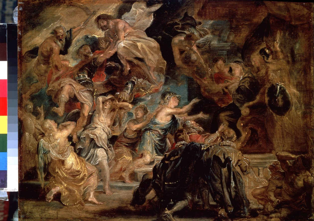 La muerte de Enrique IV (1553-1610) y la proclamación de la Regencia (La muerte de Enrique IV y la Proclamación de la Regencia). Pintura de Peter Paul (Pierre-Paul) Rubens (o Peter Paul o Petrus Paulus) (1577-1640). Óleo sobre tabla, 48 x 65 cm de Peter Paul Rubens