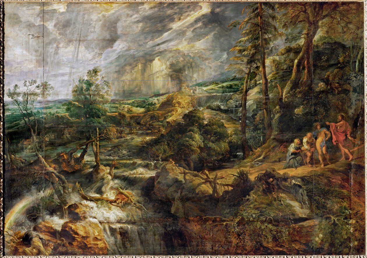 Paisaje en tormenta con Filemón y Baucis, Júpiter y Mercurio, c.1620 (óleo sobre madera) de Peter Paul Rubens
