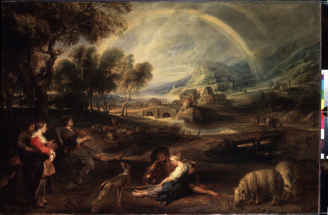 Paisaje con un arco iris. Pintura de Peter Paul (Pierre-Paul) Rubens (o Peter Paul o Petrus Paulus) (1577-1640). Óleo sobre lienzo, 86 x 130 cm, principios de 1630. Arte flamenco, arte barroco. Museo del Hermitage, San Petersburgo. de Peter Paul Rubens