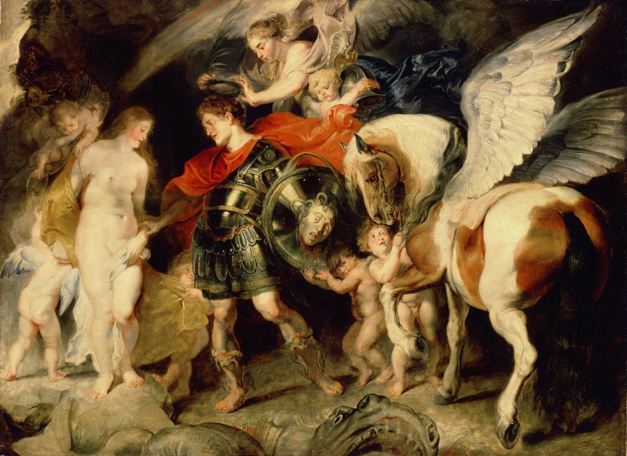 ""Perseus and Andromeda"" (Perseo y Andrómeda) Andrómeda encadenada a una roca es entregada por Persee acompañada de Pagaso. En su escudo la cabeza de Medusa a quien mató. Pintura de Pierre Paul (Pierre-Paul) Rubens (o Peter Paul o Petrus Paulus) (1 de Peter Paul Rubens