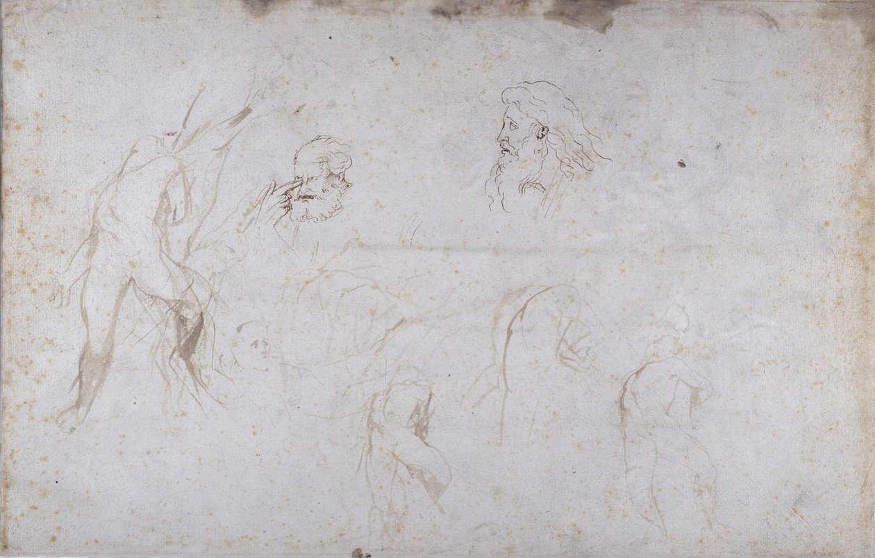 Estudios de una figura masculina atada a un árbol y de dos cabezas masculinas, c.1601 de Peter Paul Rubens