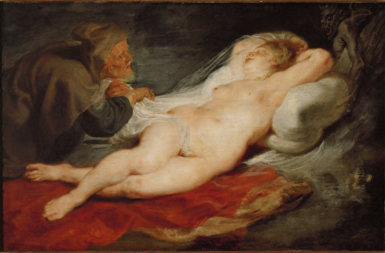 El ermitaño y Angélica dormida, c.1626-28 (óleo sobre madera de roble) de Peter Paul Rubens