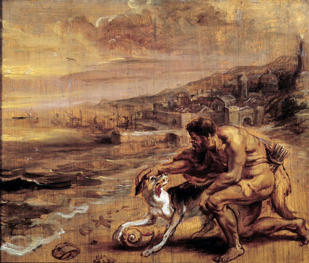 El descubrimiento del púrpura. Un fenicio encuentra gracias a su perro una concha (Murex) que produce el tinte rojo. Pintura al lavado de Pierre Paul Rubens (1577-1640) Siglo XVII Bayona, Museo Bonnat de Peter Paul Rubens