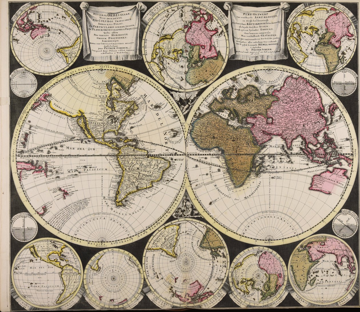 Diversa orbis Terrae visu incedente per coluros Tropicorum ambos ejus polos et particularis sphaerae zenith in planum orthographica projectio quibus additae pro variato horizonte omnium positiones eorumdemque mutua cum circulis caelestibus relatio  Plat O de Peter Schenk the Elder