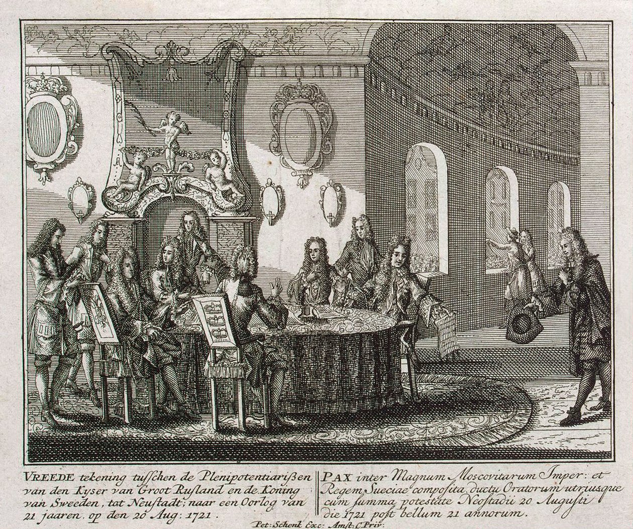 Conclusión del Tratado de Paz de Nystad el 20 de agosto de 1721 de Peter Schenk the Younger