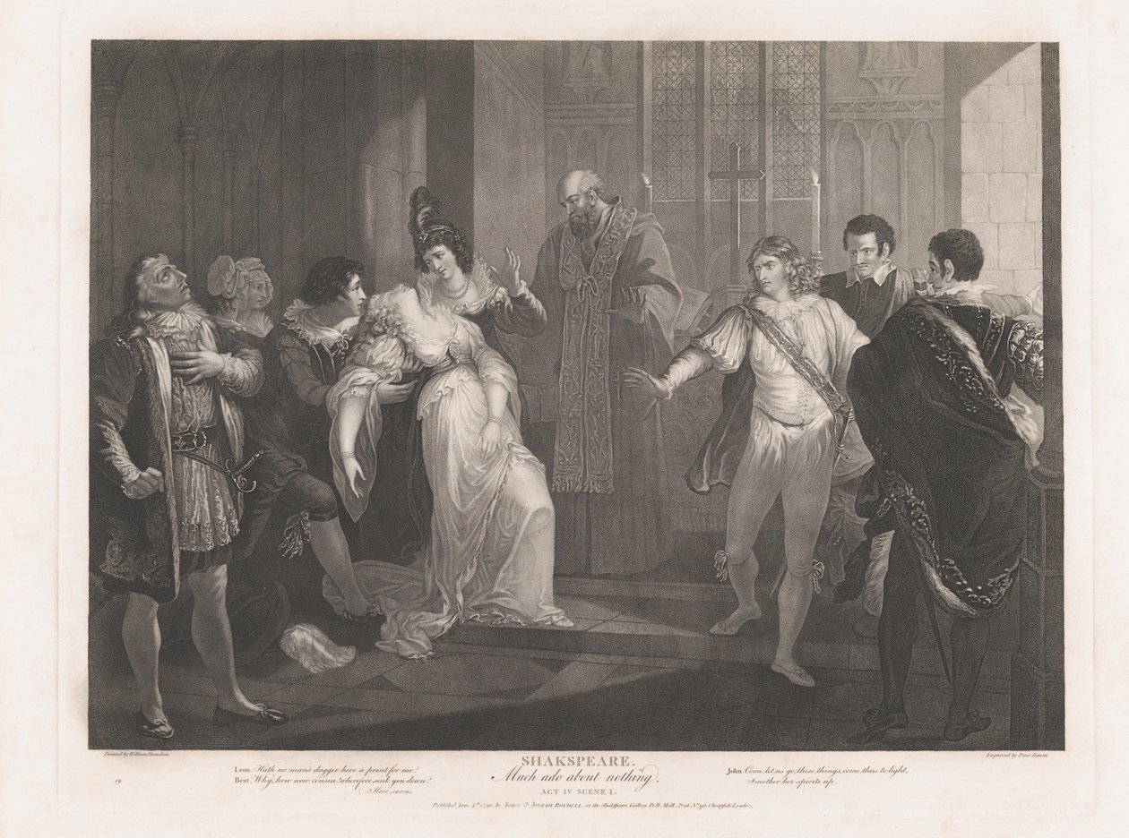 Heroína desmayándose en la iglesia, Shakespeare, Mucho ruido y pocas nueces, primera publicación 1789, reeditado 1852 de Peter Simon
