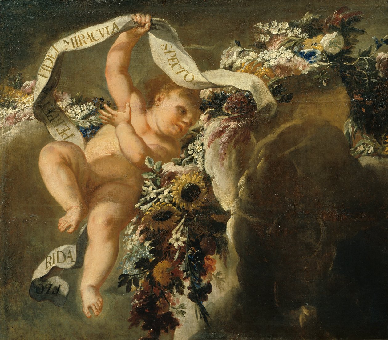 Putto con hilo floral y pancarta de Peter Strudel