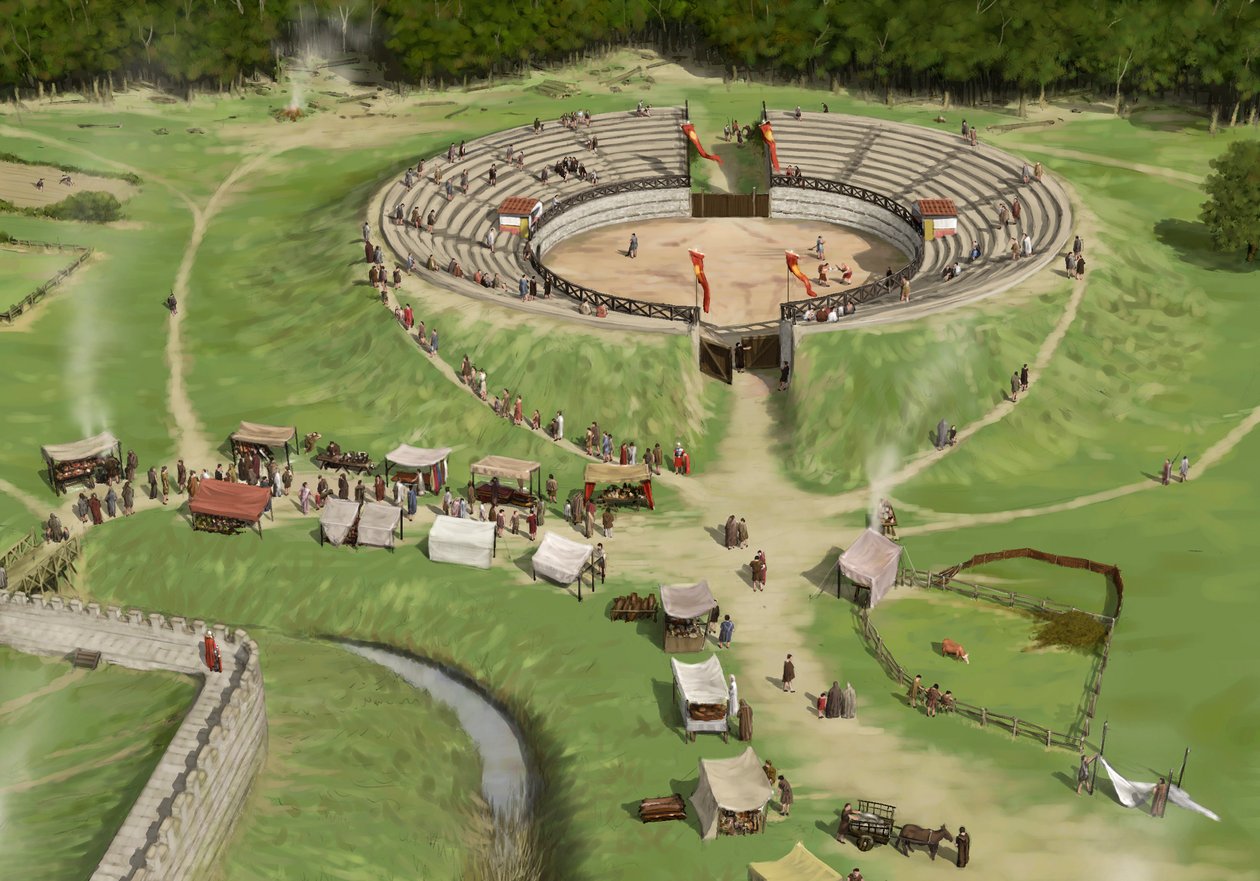 Espectadores llegan al anfiteatro de la ciudad romana de Silchester c. 250 d.C., c. 1990-2010 de Peter Urmston
