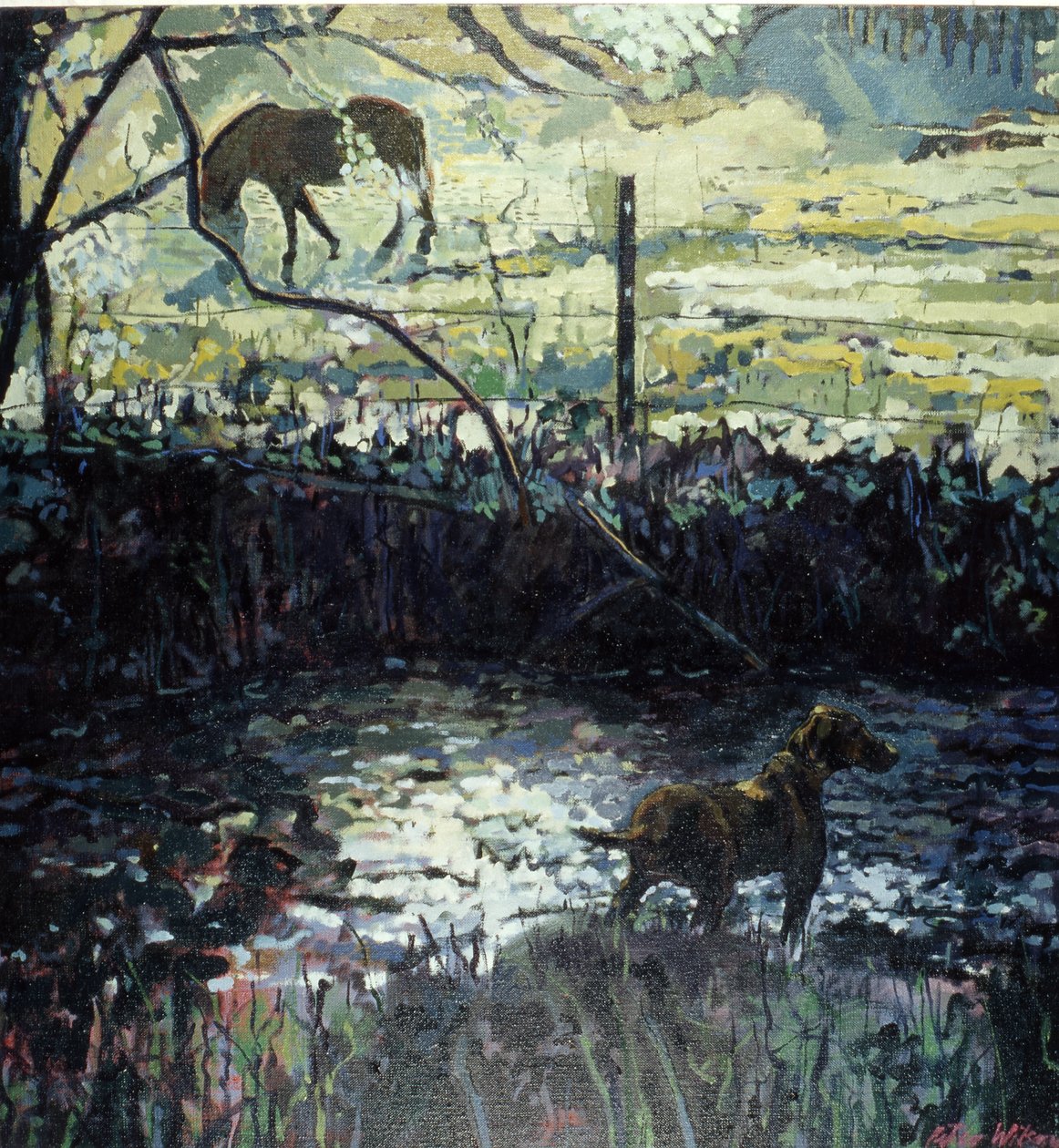 Pony y perro en un campo, 2000 (óleo sobre lienzo) de Peter Wilson