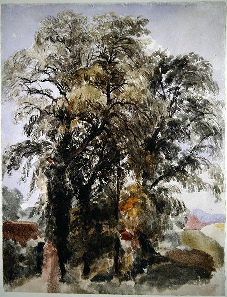 Árboles con edificios de granja en la distancia de Peter de Wint