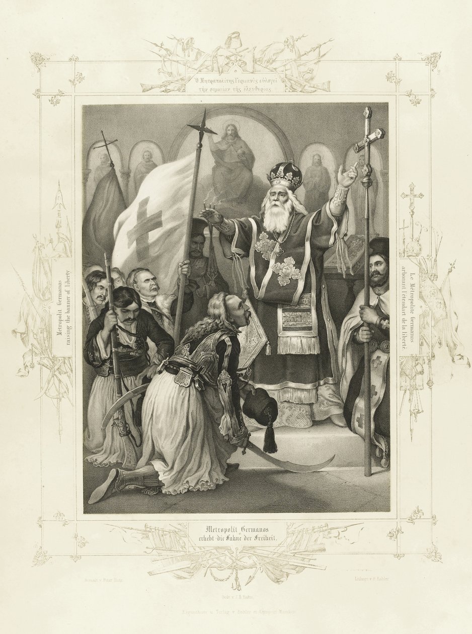 El Metropolitano Germanos levantando la bandera de la libertad del Álbum del Heroísmo Griego de Peter von Hess