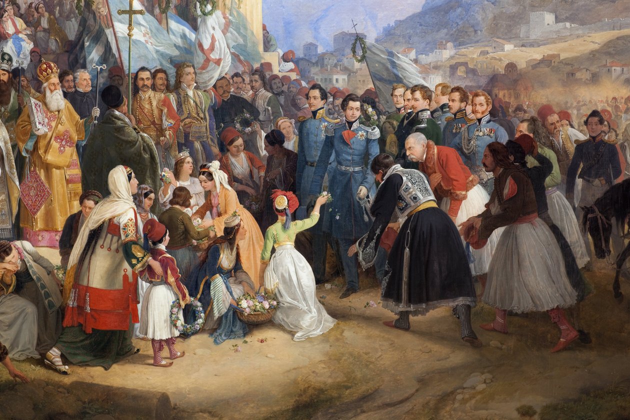 La entrada del rey Othon I de Grecia (1815-1876) a Atenas, recibido por la multitud frente al templo de Hefesto (Hephaisteion) o Theseion en el Ágora (Grecia) de Peter von Hess