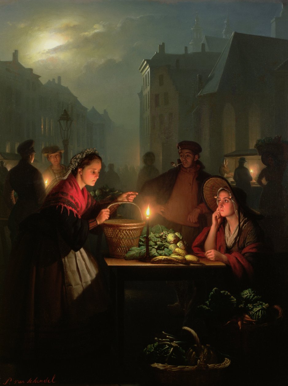 Un puesto de verduras por la noche de Petrus van Schendel