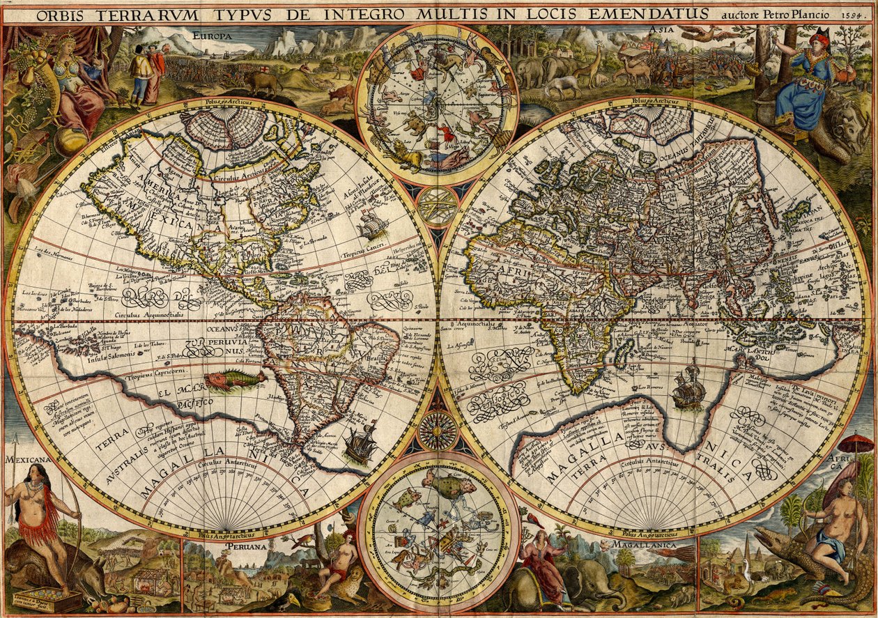 Orbis Terrarum Typus... (Mapa del mundo con doble hemisferio) de Petrus & Doetichum Jan van younger Plancius