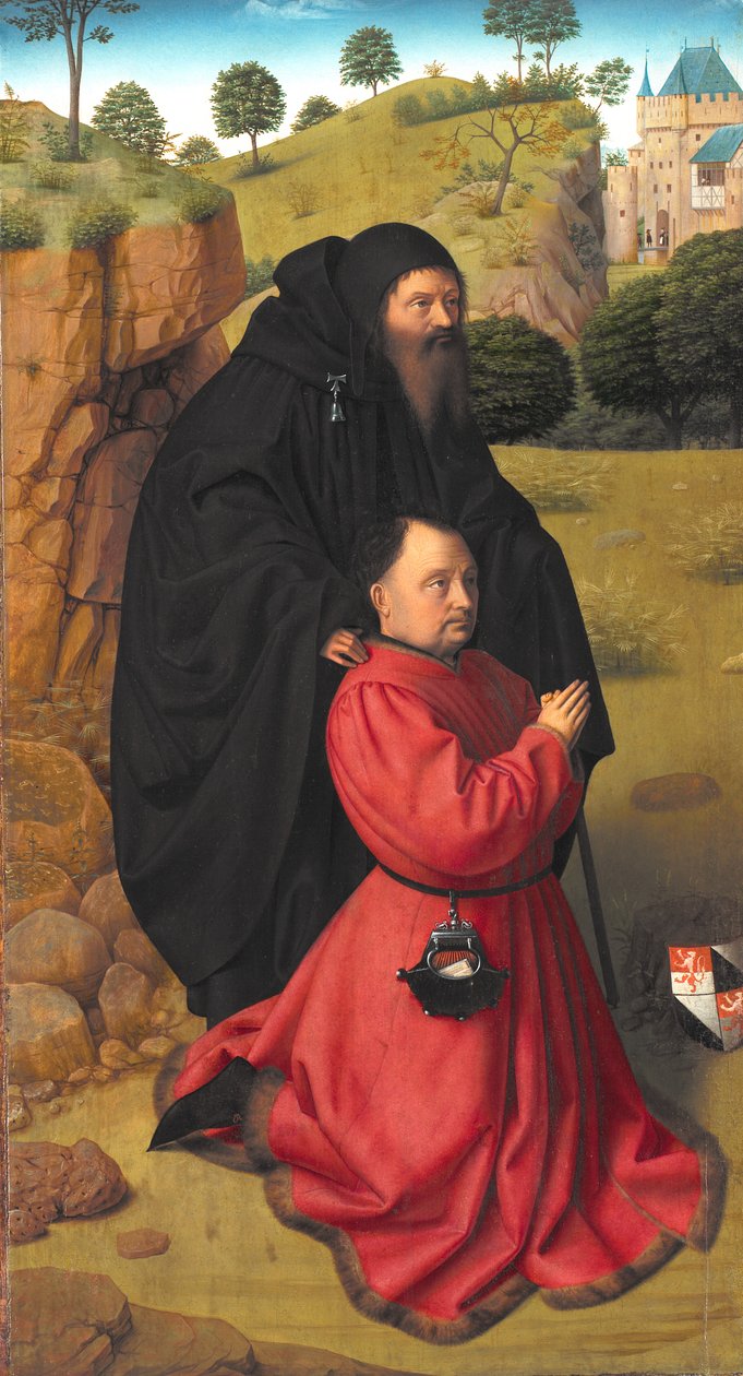 Panel del altar con un retrato de un donante en escarlata bajo la protección de San Antonio de Petrus I Christus
