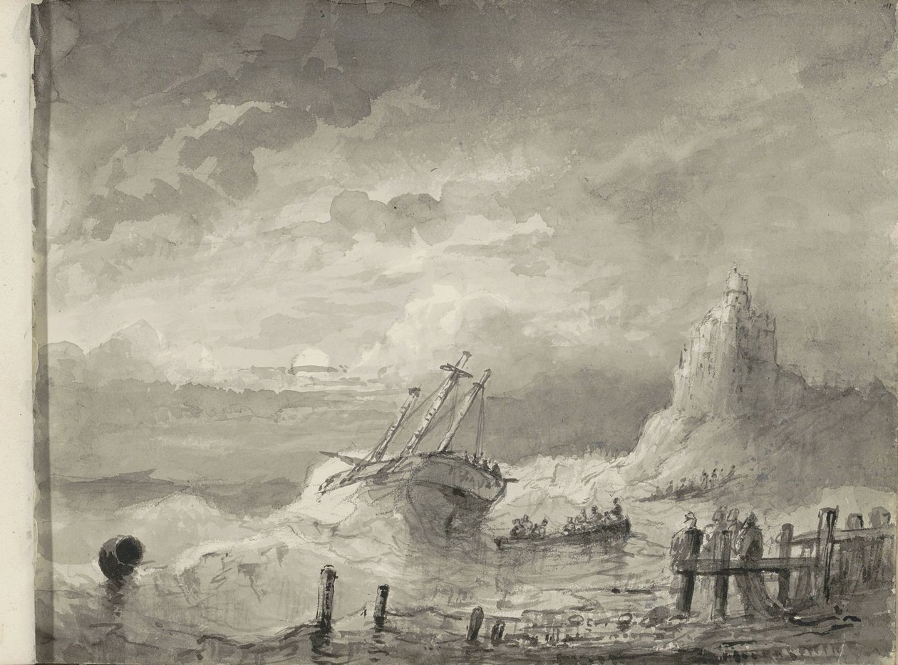 Barco en peligro frente a una costa de Petrus Johannes Schotel (circle of)