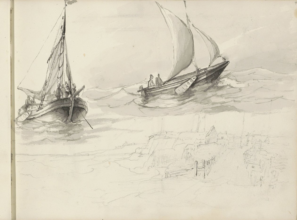 Dos veleros con figuras en el mar de Petrus Johannes Schotel (circle of)