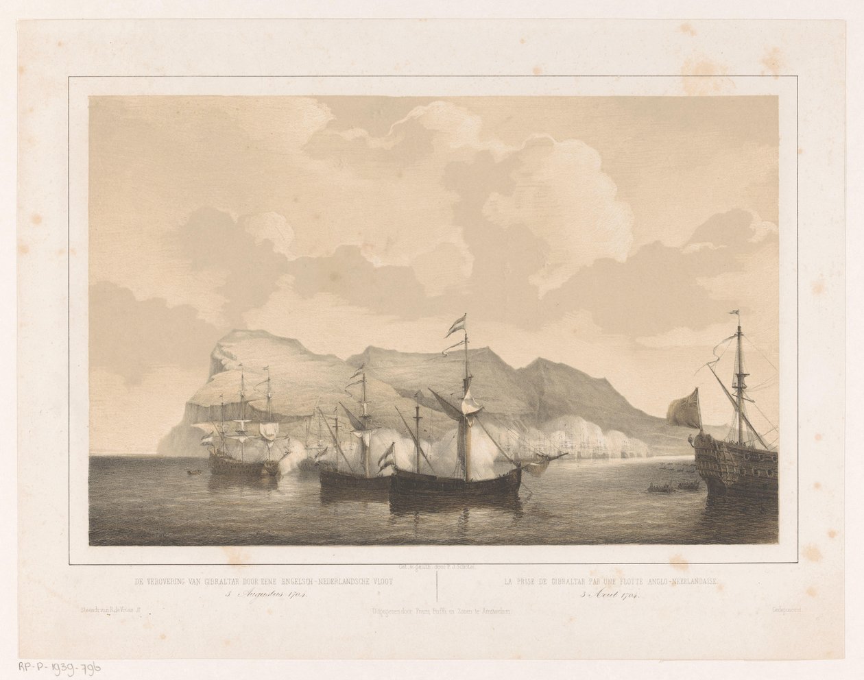 Captura de Gibraltar
La captura de Gibraltar por la flota anglo-holandesa el 3 de agosto de 1704 / La prise de Gibraltar par un flotte Anglo-Neerlandaise (título en el objeto) de Petrus Johannes Schotel