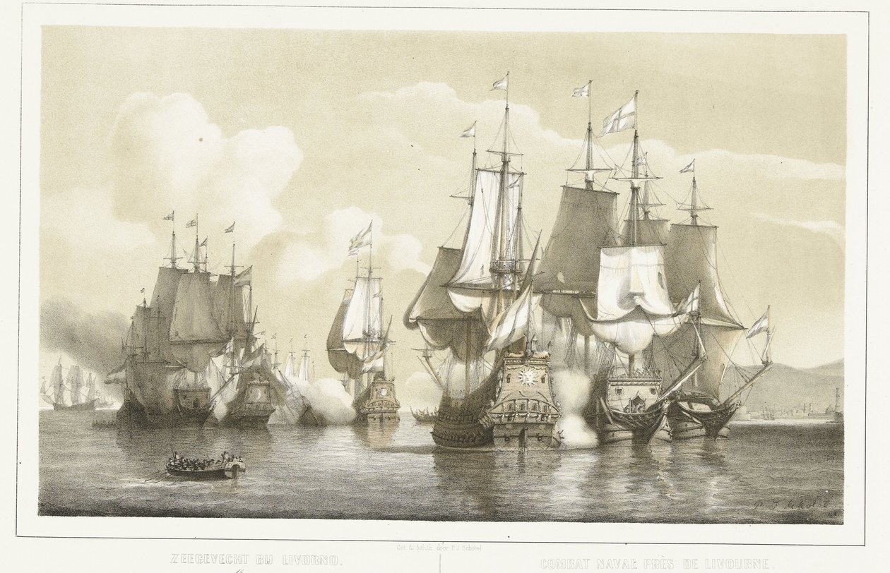 Batalla naval cerca de Livorno, 1653
Batalla naval en Livorno. 14 de marzo de 1653 / Combat naval près de Livourne. 14 Marte 1653 (título en el objeto) de Petrus Johannes Schotel