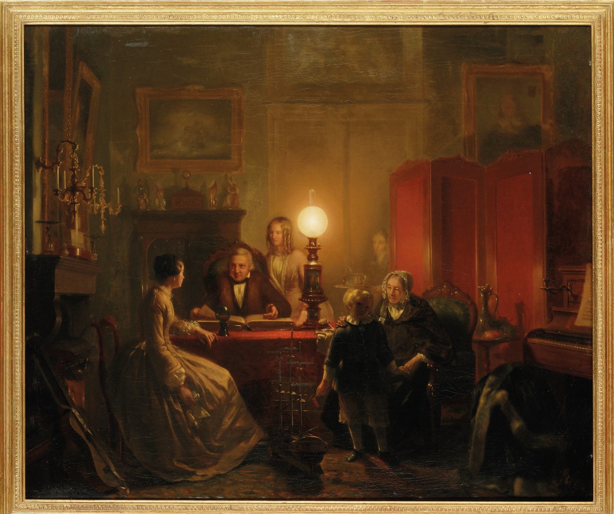 Una familia reunida alrededor de una mesa iluminada por una lámpara, 1854 de Petrus Kiers