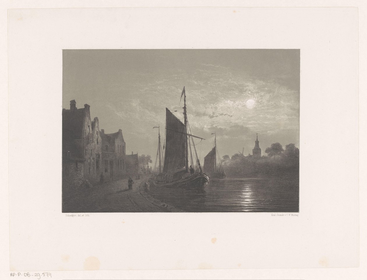 Veleros a lo largo de un muelle a la luz de la luna de Petrus Paulus Schiedges (I)
