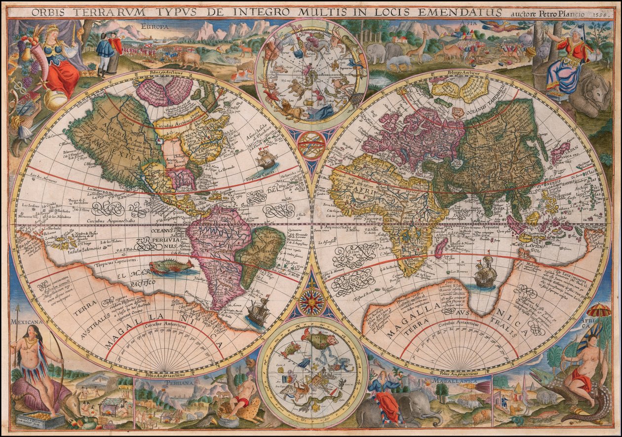 Mapamundi de 1594 con doble hemisferio, obra de Petrus Plancius de Petrus Plancius