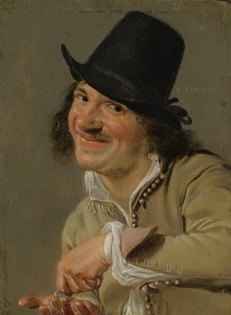 Audiencia: Un hombre contando monedas. . De la serie Personificaciones de los cinco sentidos, c.1635-66 (óleo sobre madera) de Petrus Staverenus