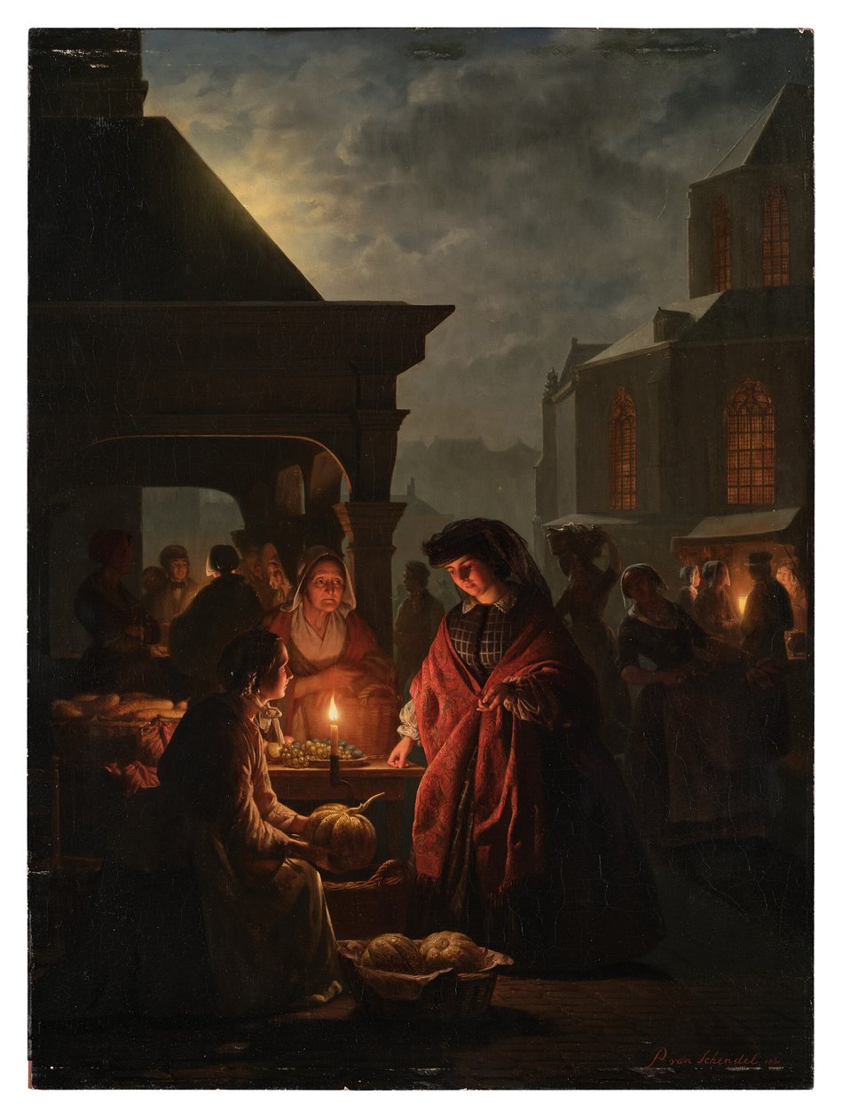 El Groenmarkt de La Haya de noche de Petrus van Schendel