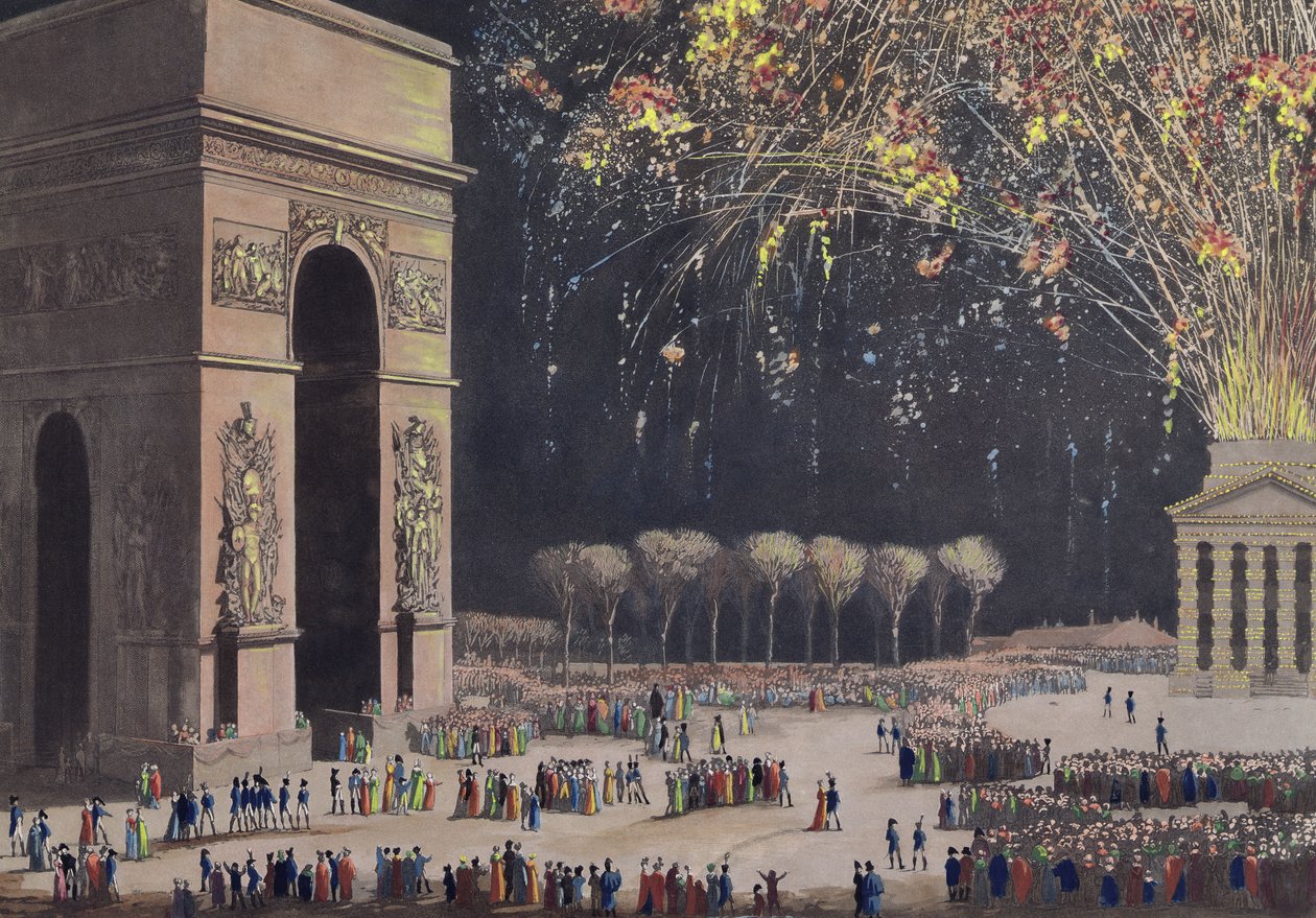 Vista del Arco de Triunfo con fuegos artificiales de Philibert Louis Debucourt