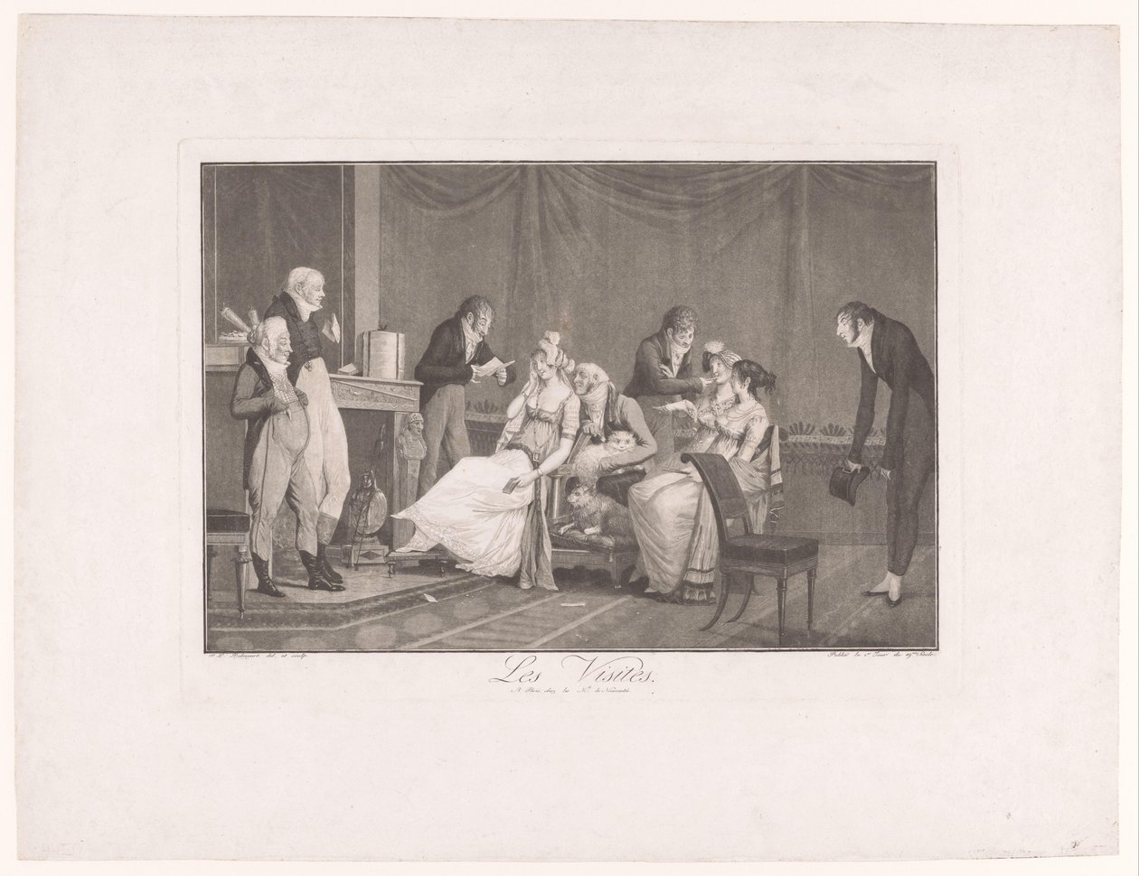 Compañía de mujeres y hombres jóvenes en un interior. Les Visites (título sobre el objeto) de Philibert Louis Debucourt