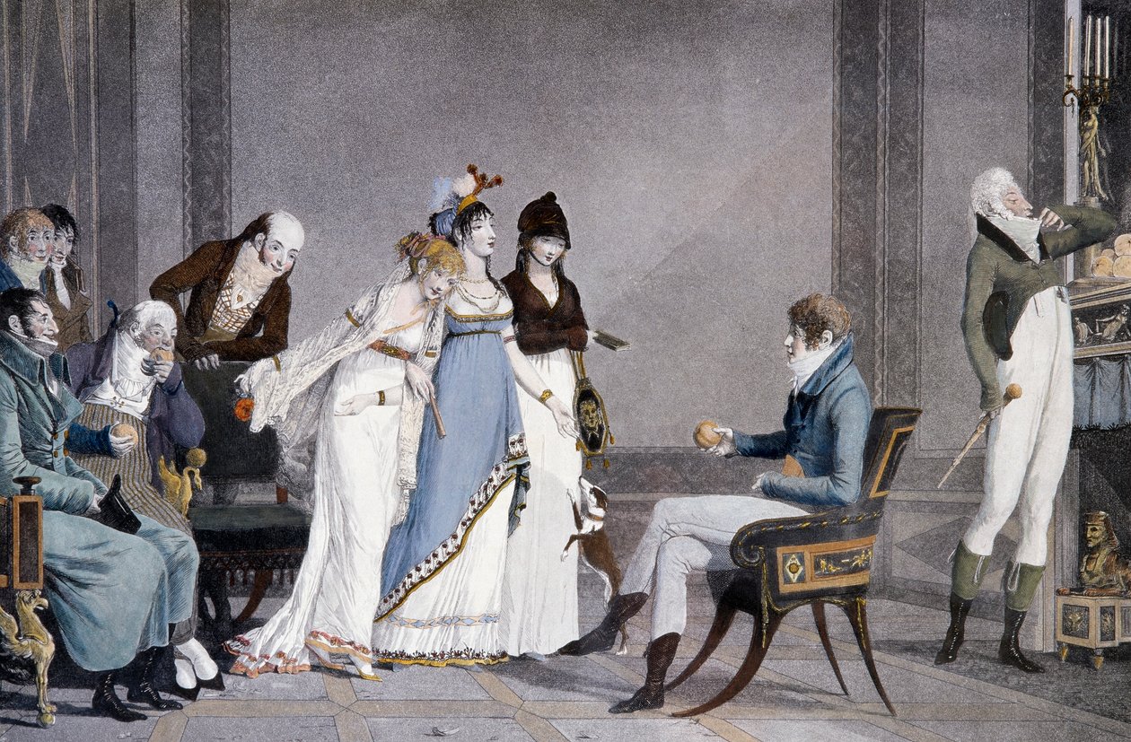 La Naranja, por Louis-Philibert Debucourt (1755-1832), aguafuerte, escena con muebles de estilo Directoire inspirado en Etrusco, Francia de Philibert Louis Debucourt