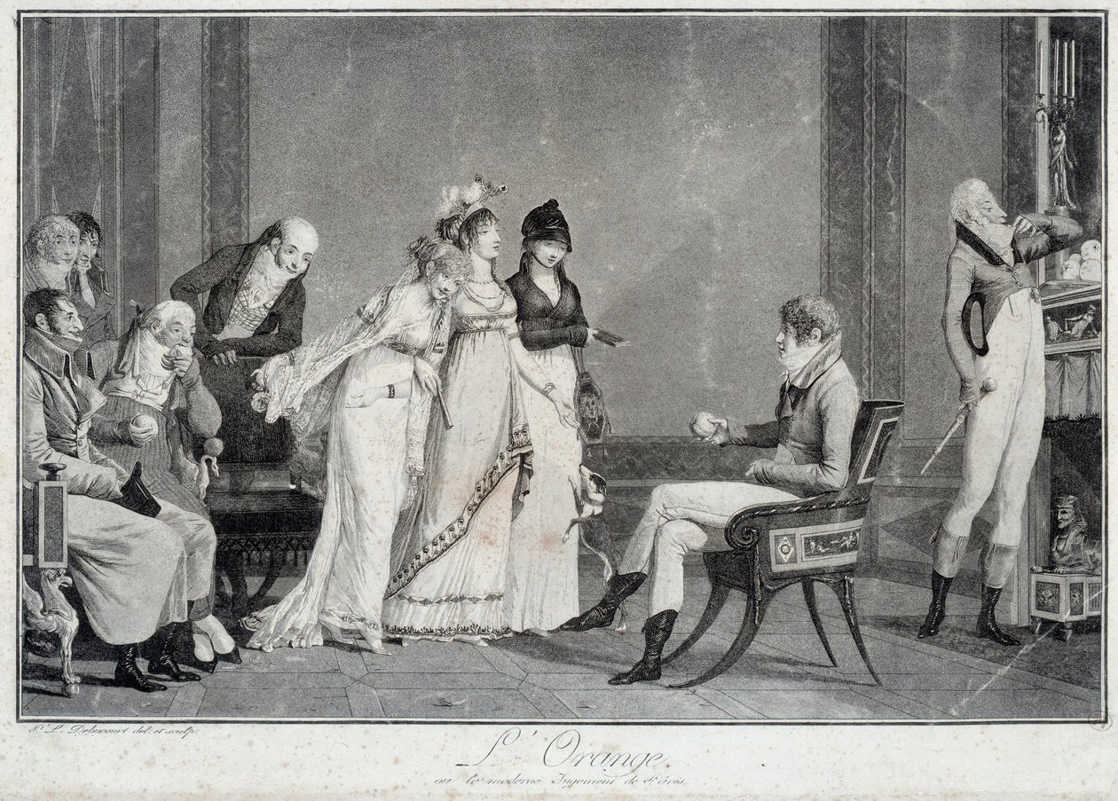 La naranja o el juicio moderno de París Parodia del juicio de París con un joven a la moda del Directorio (Increíble) eligiendo entre tres Maravillosas. Grabados de Philibert Louis Debucourt (1755-1832) alrededor de 1800 París, Museo Carnavalet de Philibert Louis Debucourt