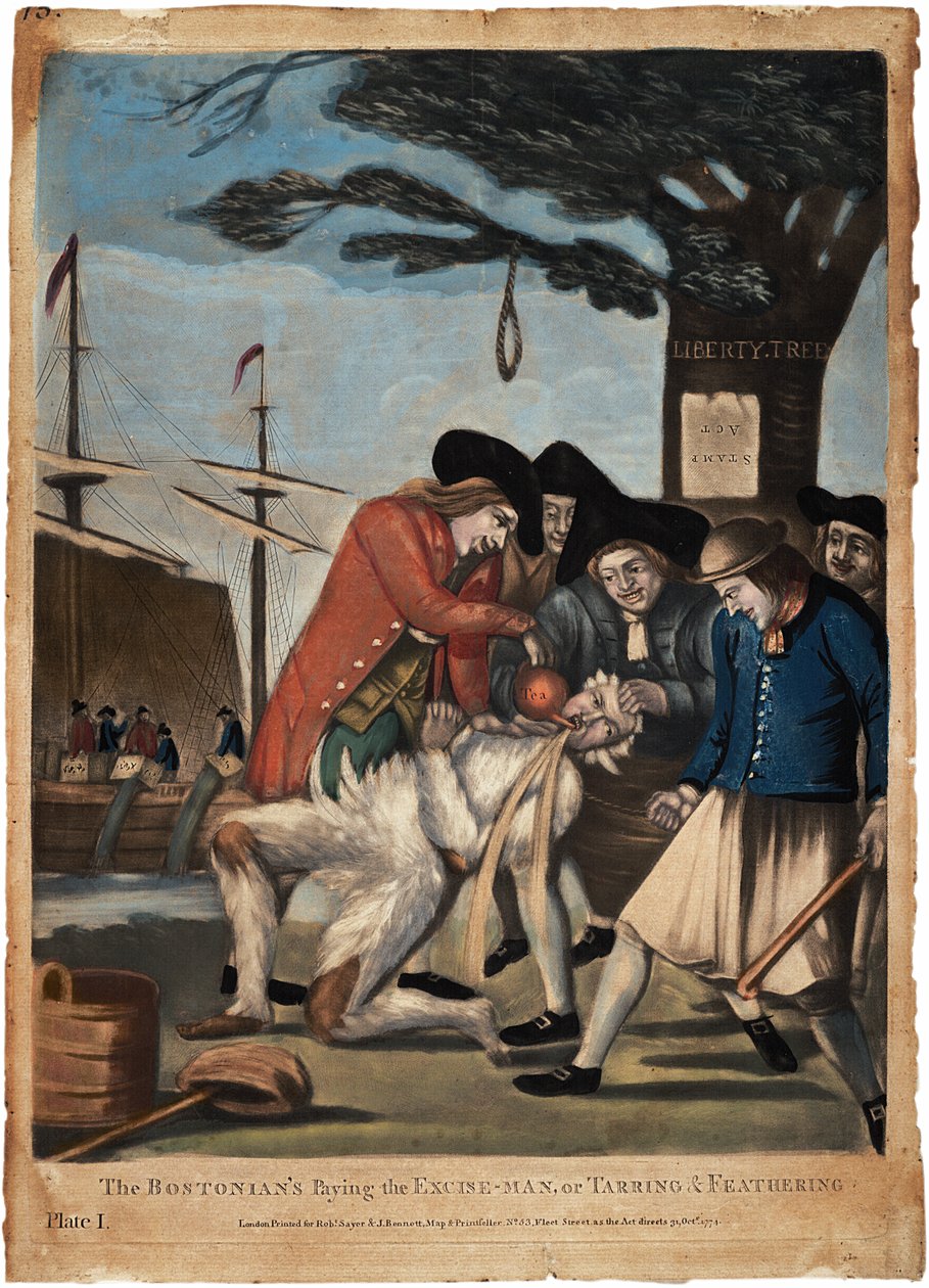 Los bostonianos pagando al recaudador de impuestos, o embadurnando y emplumando, 1774 de Philip Dawe