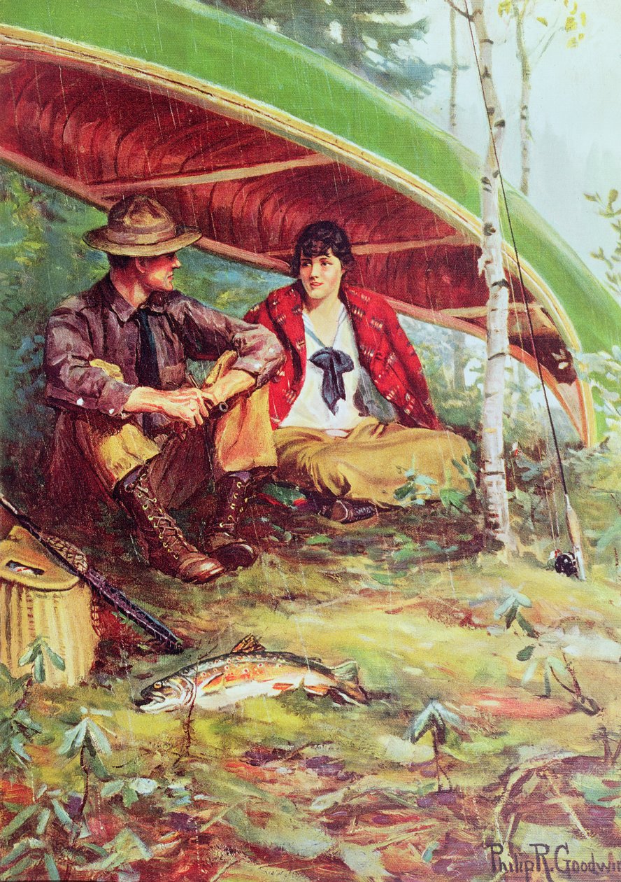 Pareja Refugiándose de la Lluvia bajo un Barco de Philip Russell Goodwin