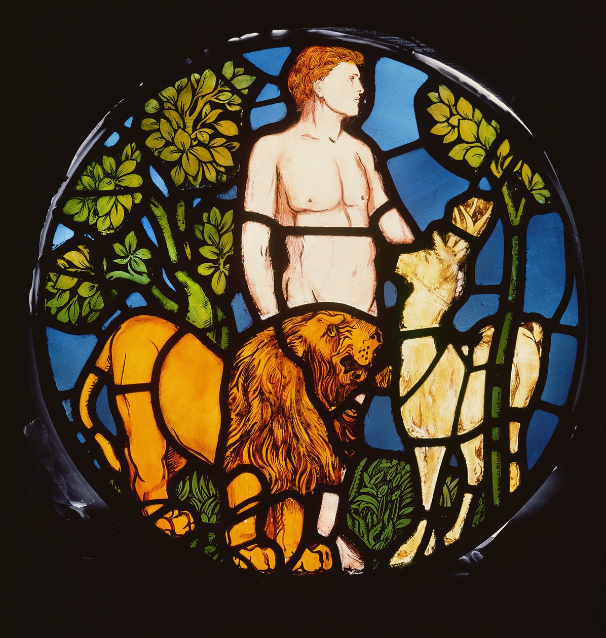 Adán Nombrando a las Bestias, de la Ventana de la Creación (detalle) de Philip Webb