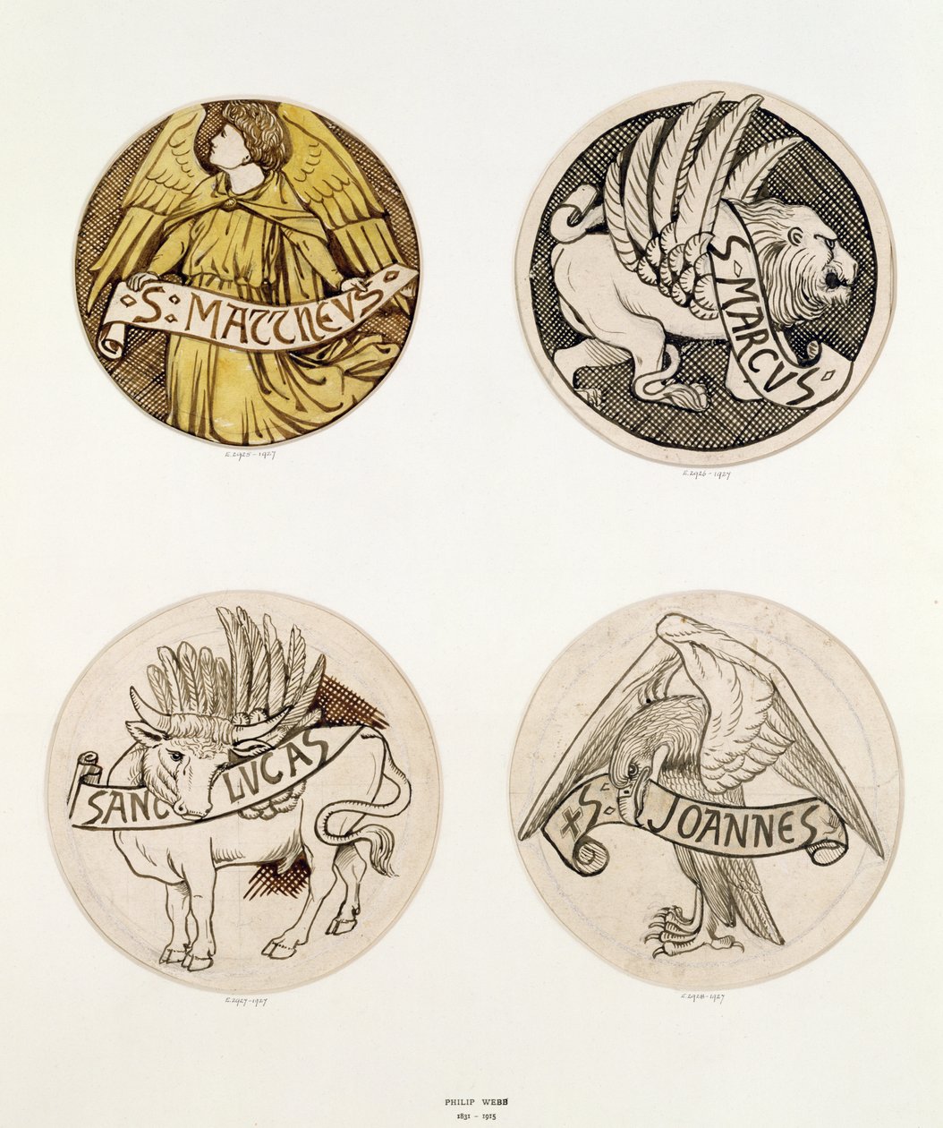 Símbolos de los evangelistas, diseños para vitrales de Philip Webb