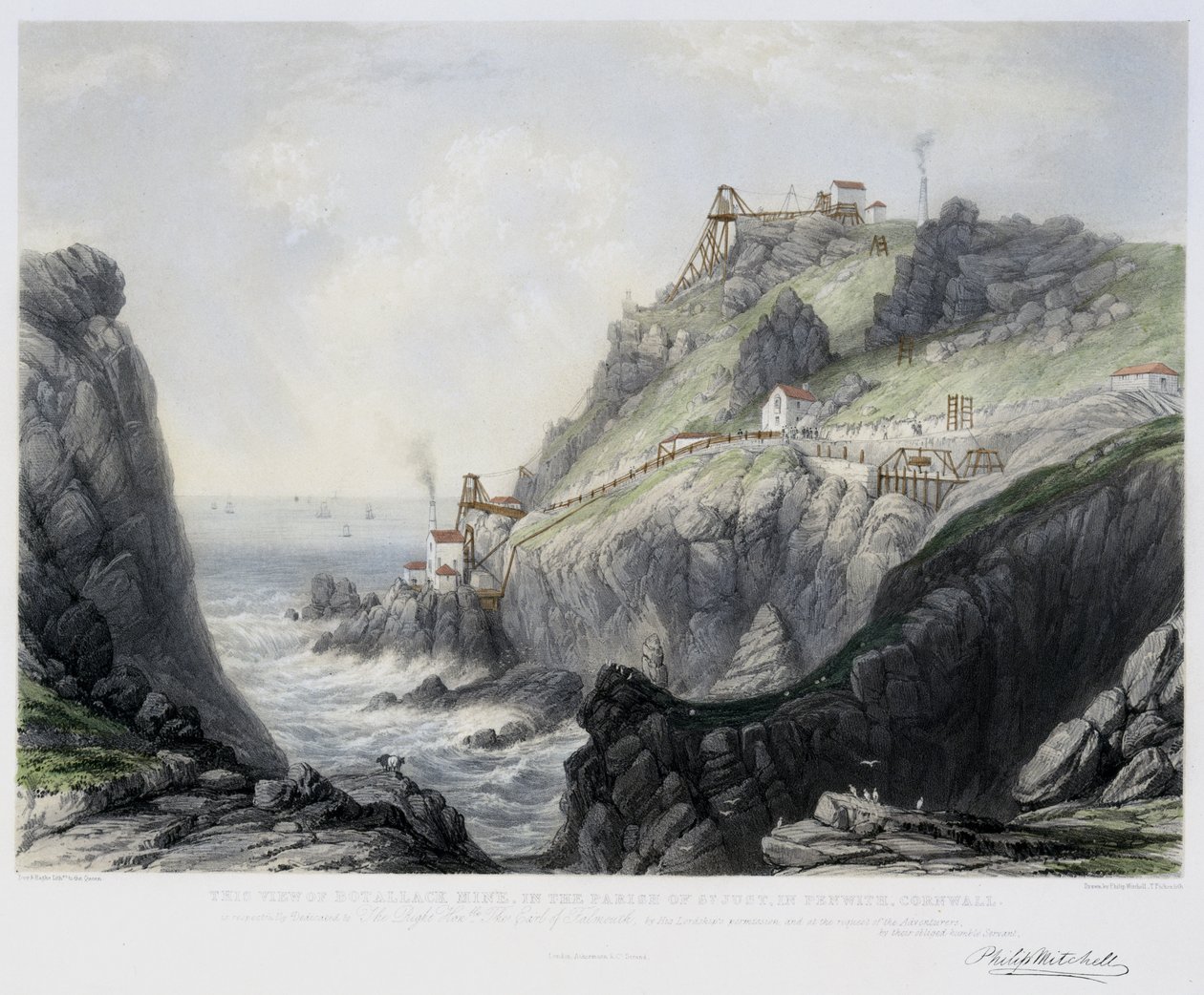La vista de la mina de Botallack, en la parroquia de St. Just en Penwith, Cornwall, grabado por Thomas Picken (d.1870) 1840 de Philip after Mitchell