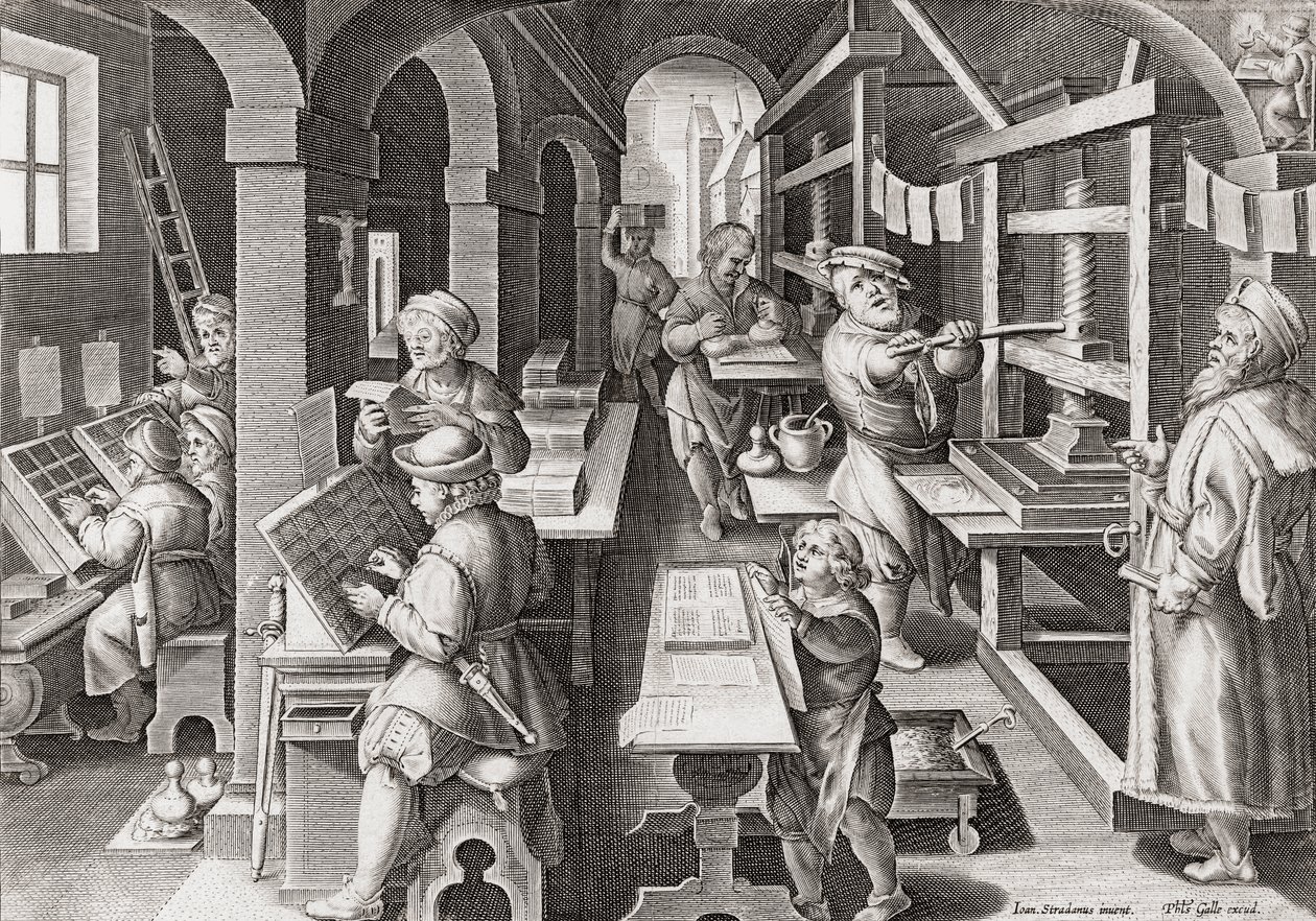 Una imprenta europea hacia 1590 (grabado) de Philip (after) Galle