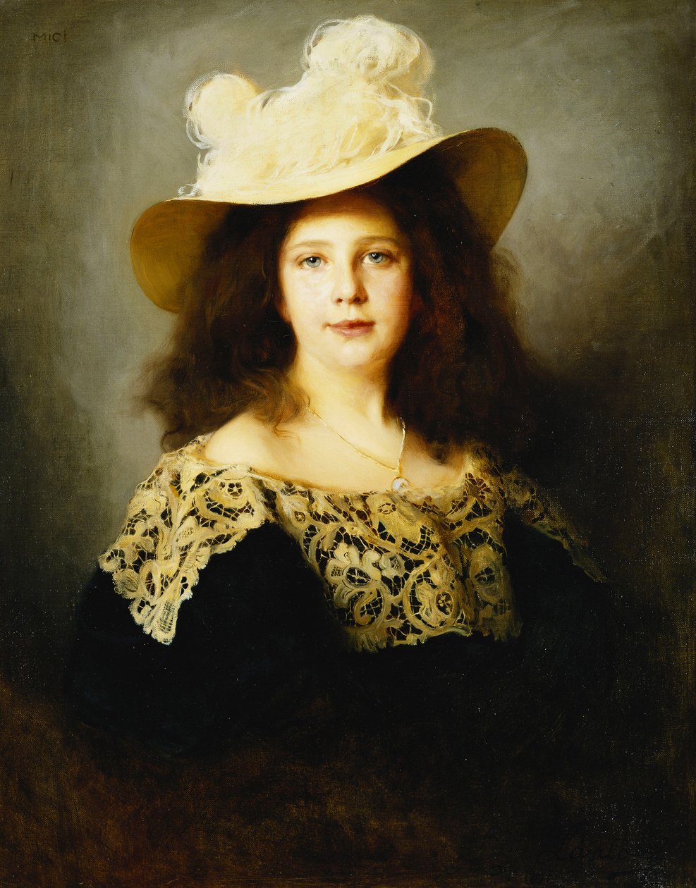 Retrato de Mici Lukacs, de 10 años, con un vestido azul oscuro con cuello de encaje de Philip Alexius de Laszlo