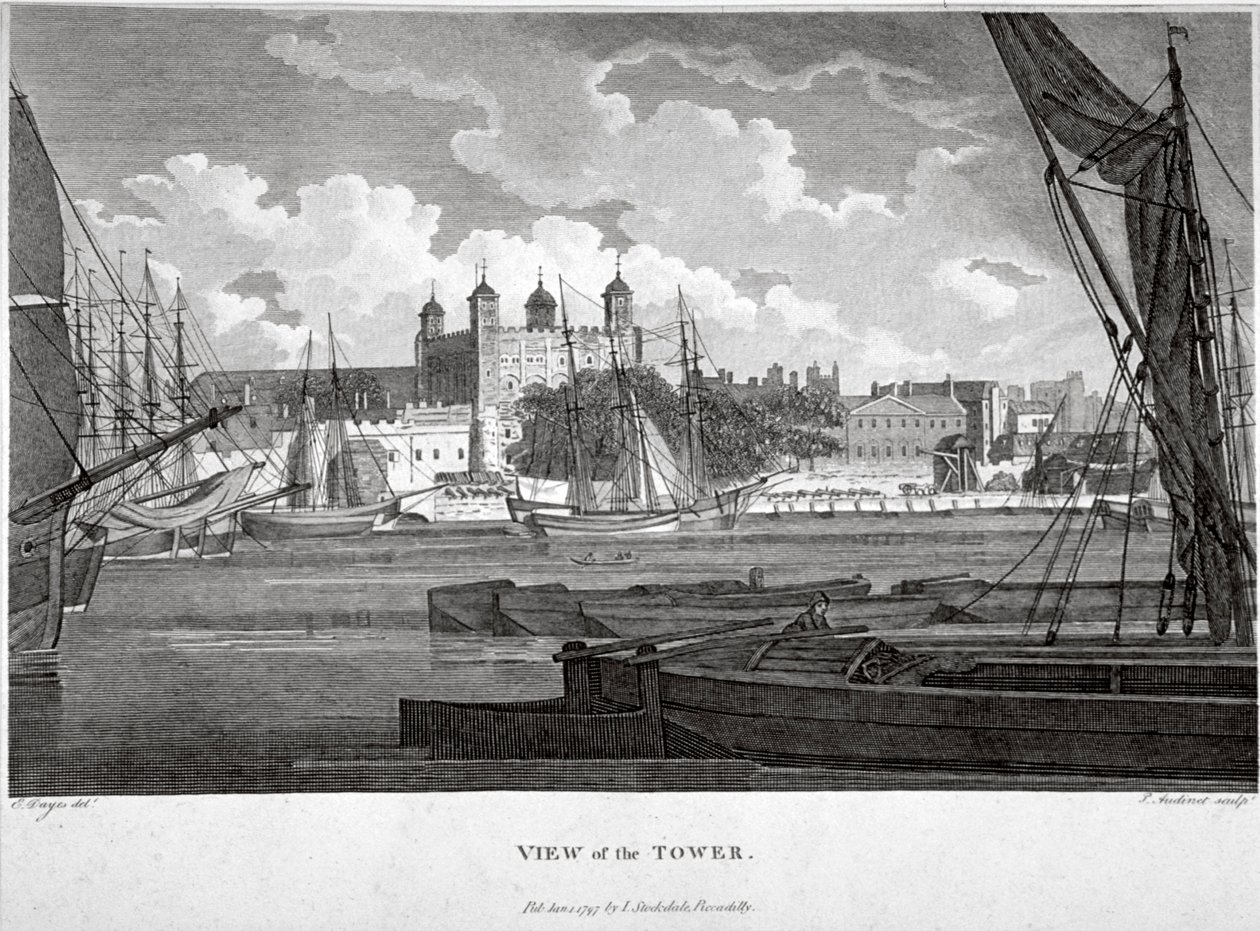 Vista de la Torre de Londres con barcos en el río Támesis de Philip Audinet