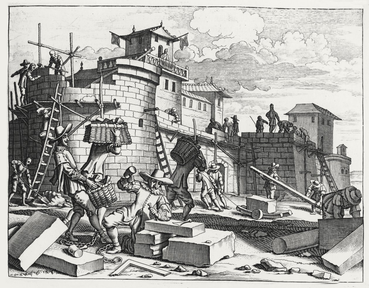 Prisioneros de guerra portugueses construyen un fuerte cerca de Kandy (grabado) de Philip Baldaeus