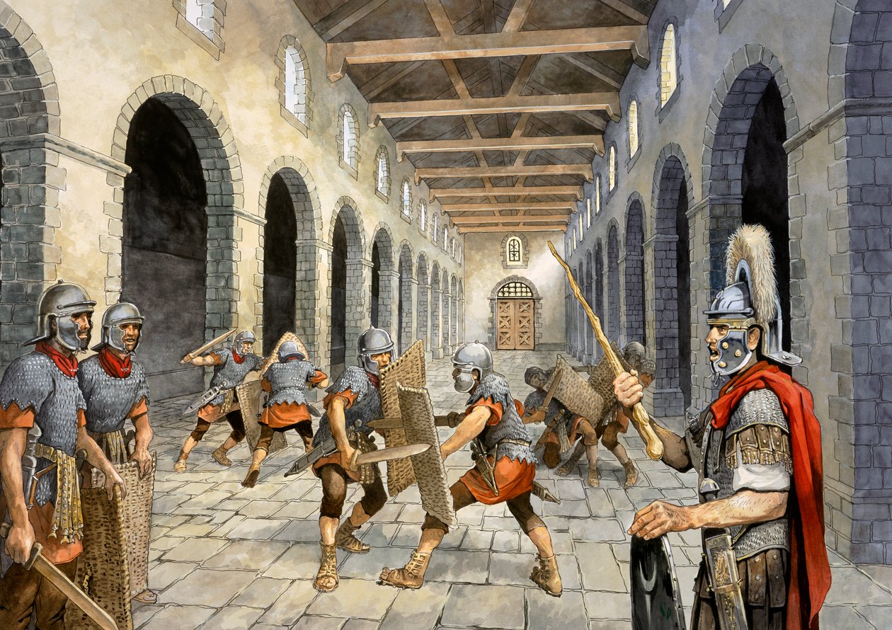 Infantería romana practicando combate, siglo III, c1990-2010 de Philip Corke