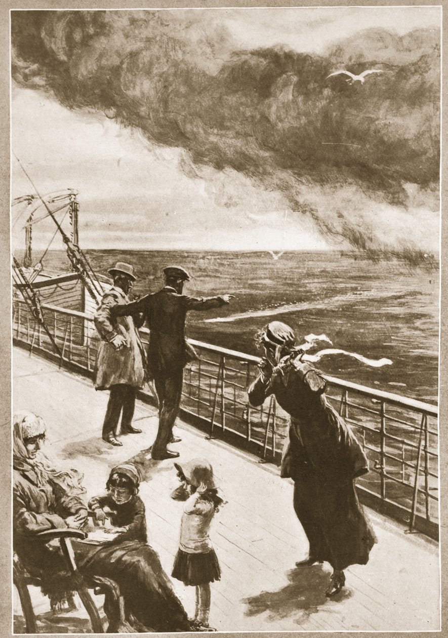 Asesinato en alta mar: Primera vista del torpedo (litografía) de Philip Dadd
