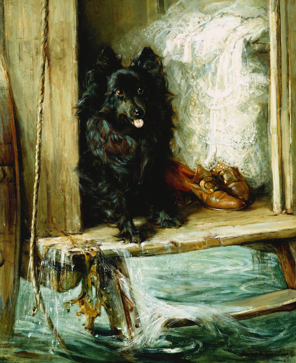 Dejado a Cargo - Un Pomerania Negro en los Escalones de una Máquina de Baño de Philip Eustace Stretton