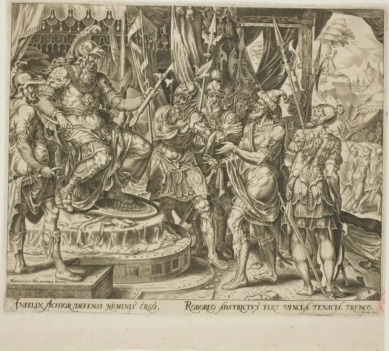 Achior suplicando a Holofernes por los israelitas, placa uno de La historia de Judith y Holofernes de Philip Galle