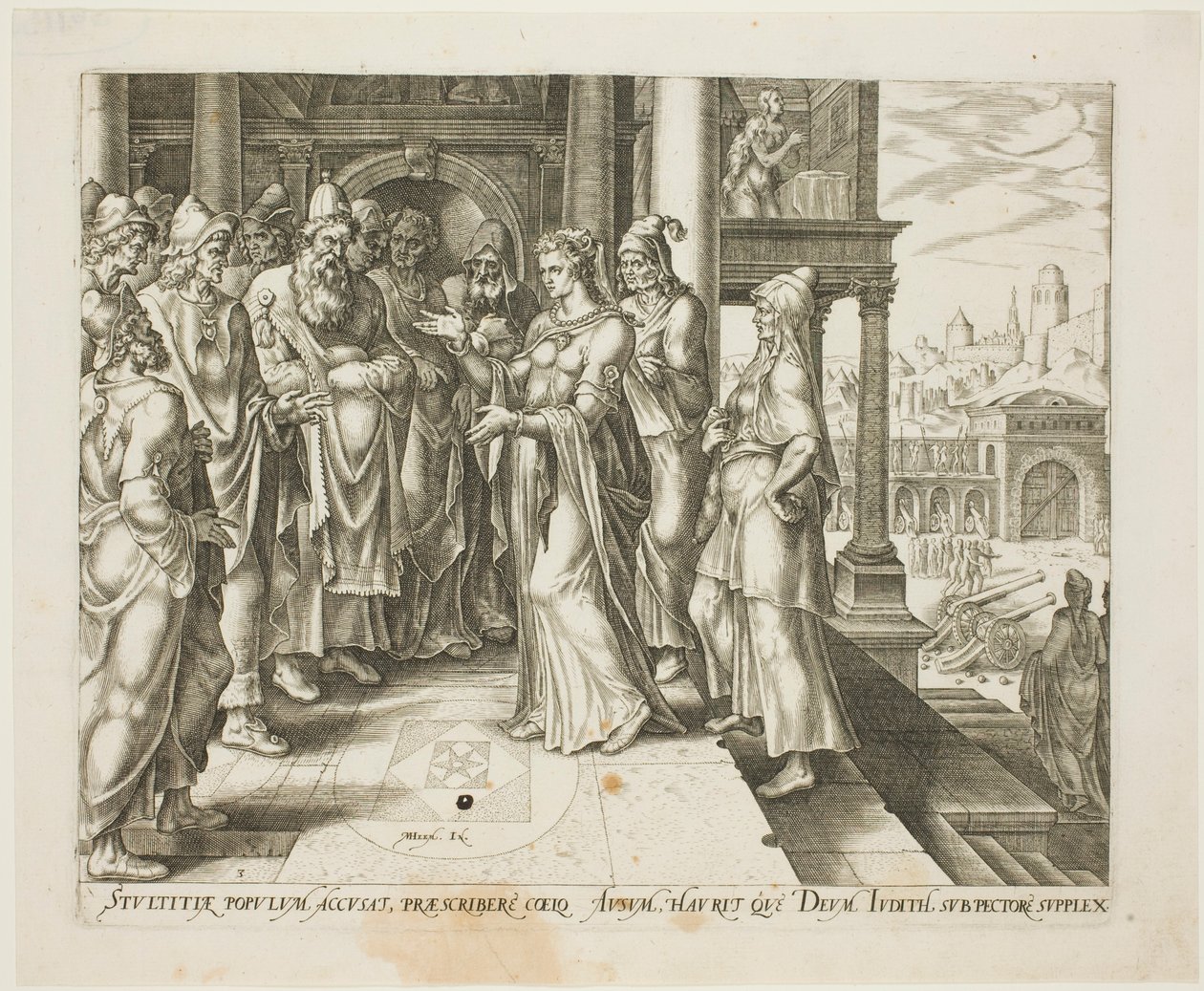 Judith dirigiéndose a los ancianos de Betulia, lámina tres de La historia de Judith y Holofernes de Philip Galle
