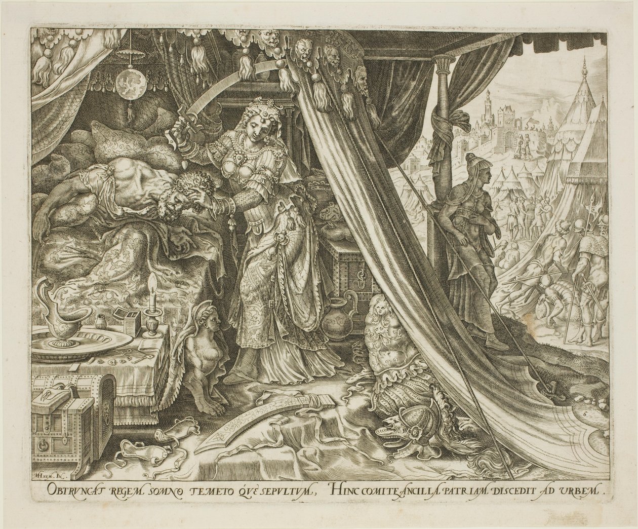 Judith decapitando a Holofernes, lámina seis de La historia de Judith y Holofernes de Philip Galle