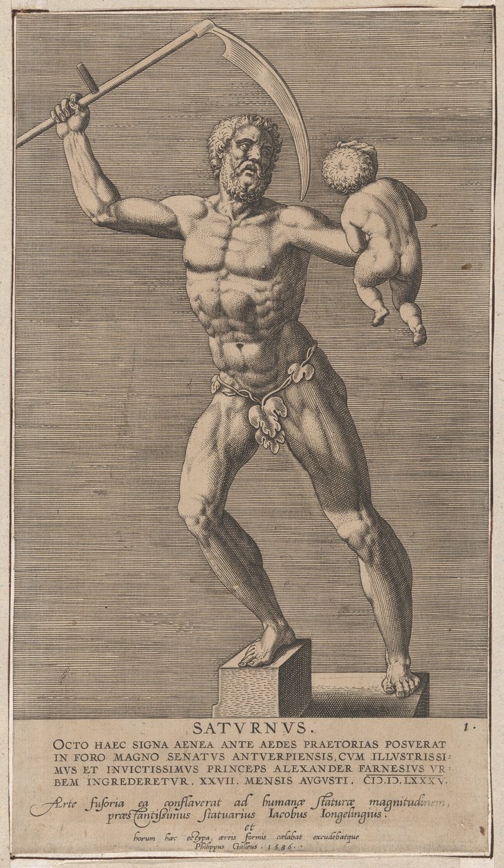 Placa 1: Saturno, estatua del dios desnudo de pie sobre un zócalo, sosteniendo una guadaña en su mano derecha, 1586 de Philip Galle
