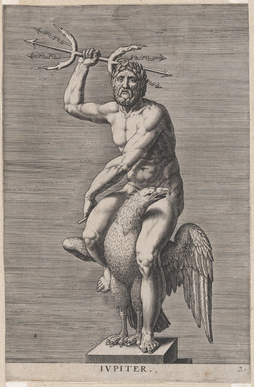 Placa 2: Júpiter, estatua del dios desnudo sentado en un águila, sosteniendo un tridente doble, de..., 1586 de Philip Galle